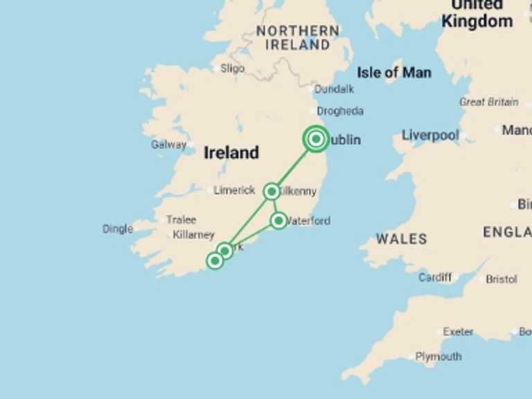 Map of Ireland Tour with 4 destination visits for the trip: Blarney Castle, Whiskey and Mountains - 3 days