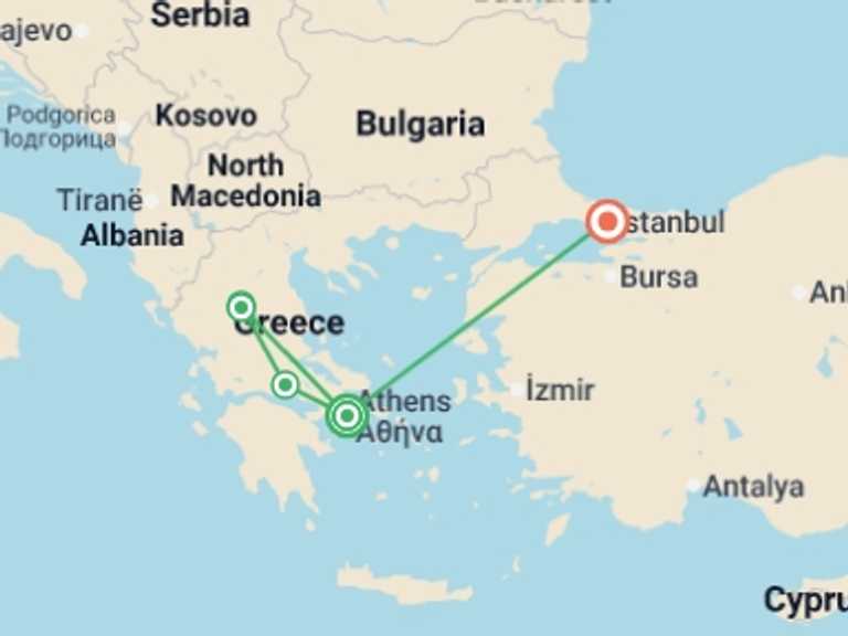 Map of Europe Tour with 3 destination visits for the trip: Essential Greece and Istanbul