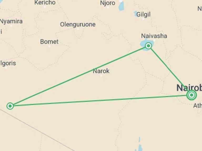 Map of Nairobi Wildlife Tour with 3 destination visits for the trip:  Lake Naivasha & Maasai Mara Luxury Safari: 4 Days 