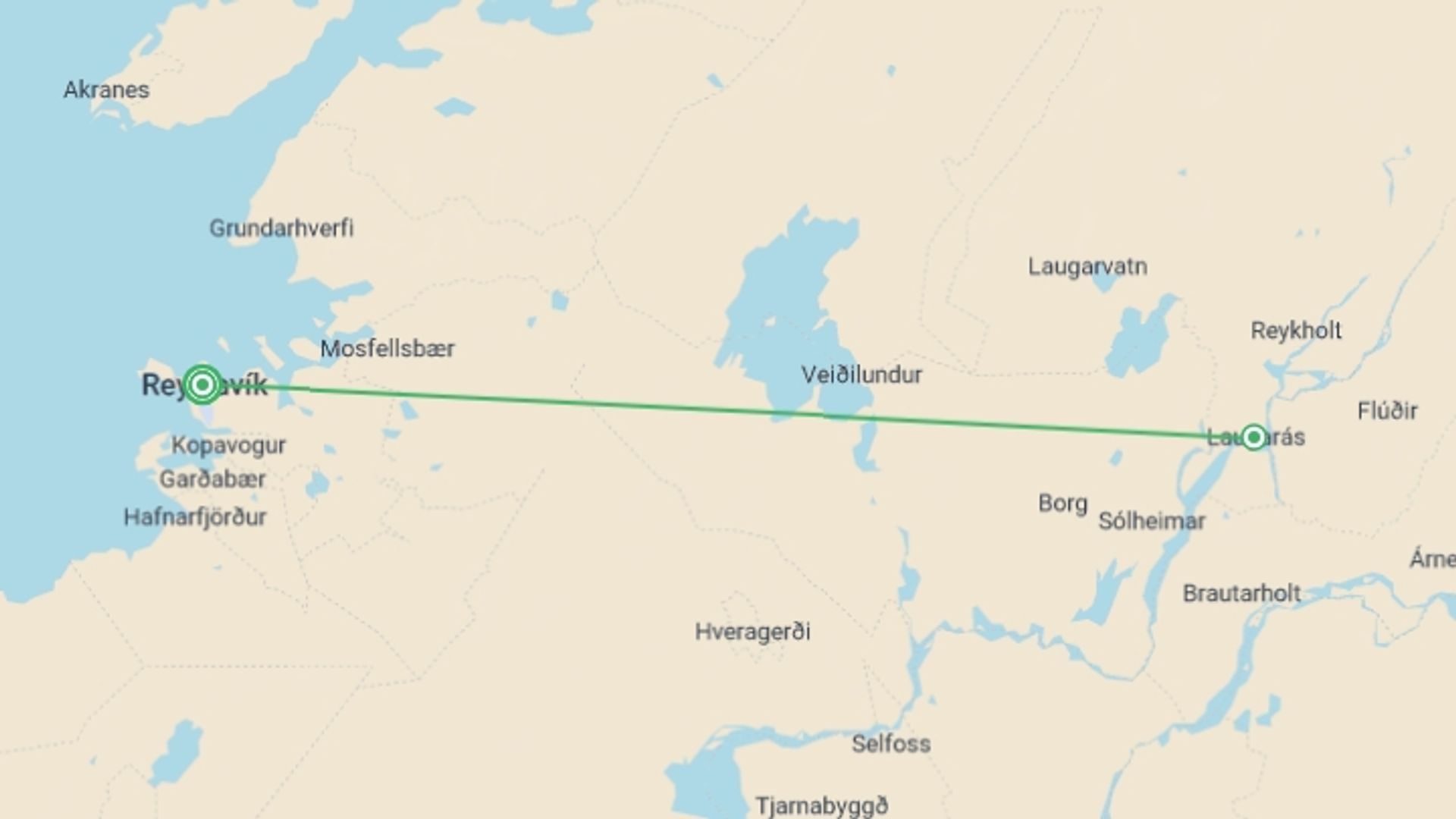 A map showing the tour itinerary for the trip: Iceland Aurora and Golden Circle Escape, starting in Reykjavik, Iceland and ending in Reykjavik, Iceland going through 0 other destinations.