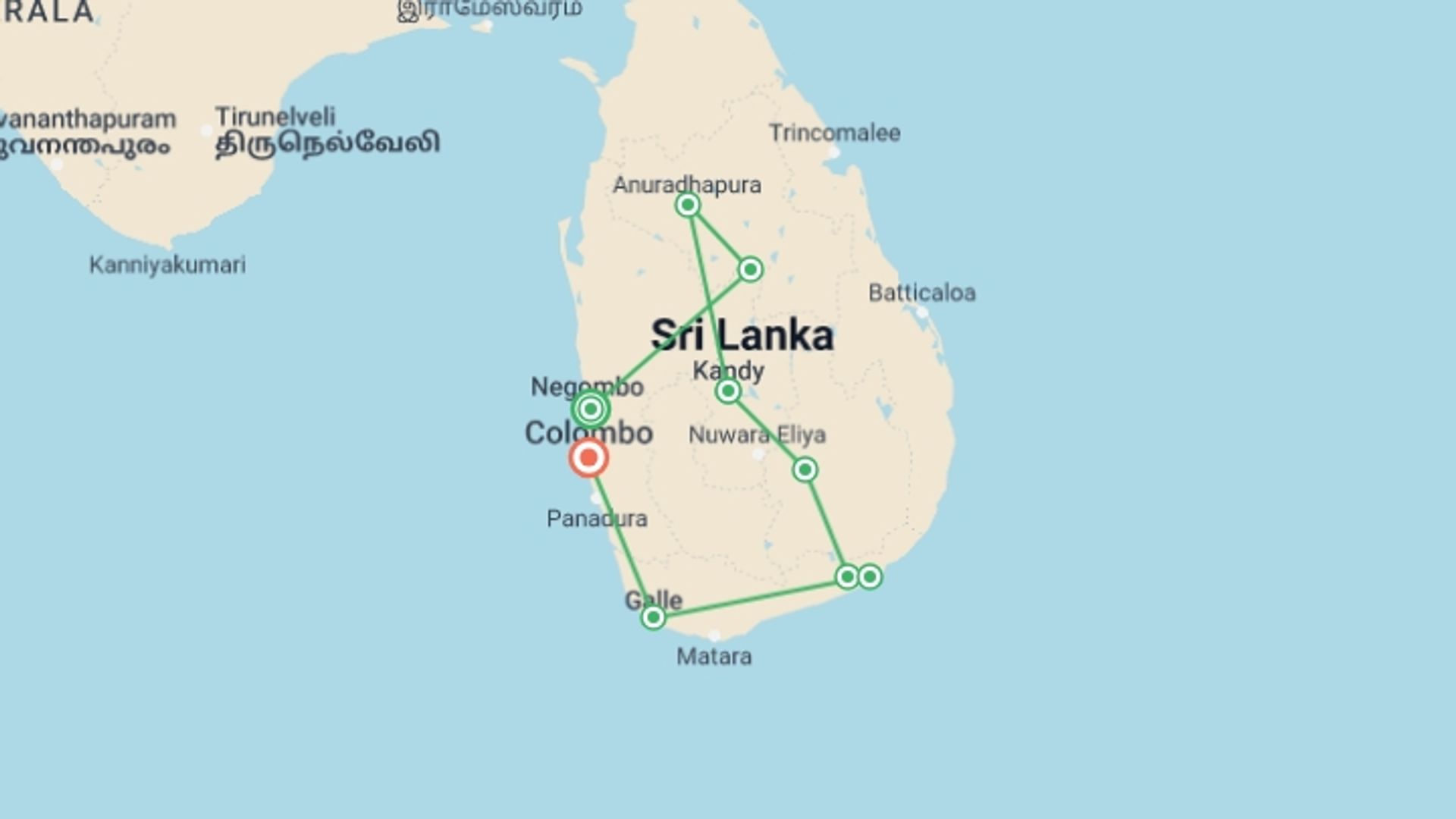 A map showing the tour itinerary for the trip: Sri Lanka Cultural Round Island, starting in Negombo, Sri Lanka and ending in Colombo, Sri Lanka going through 7 other destinations.