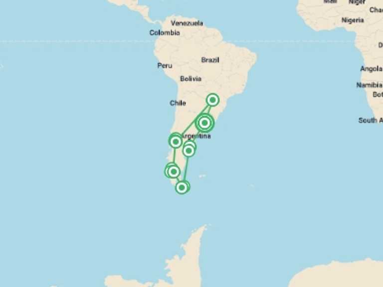 Map itinerary of Puerto Iguazu Tour in Fall with 9 destination visits for the trip: 20-Day Complete Patagonia & Iguazu Tour