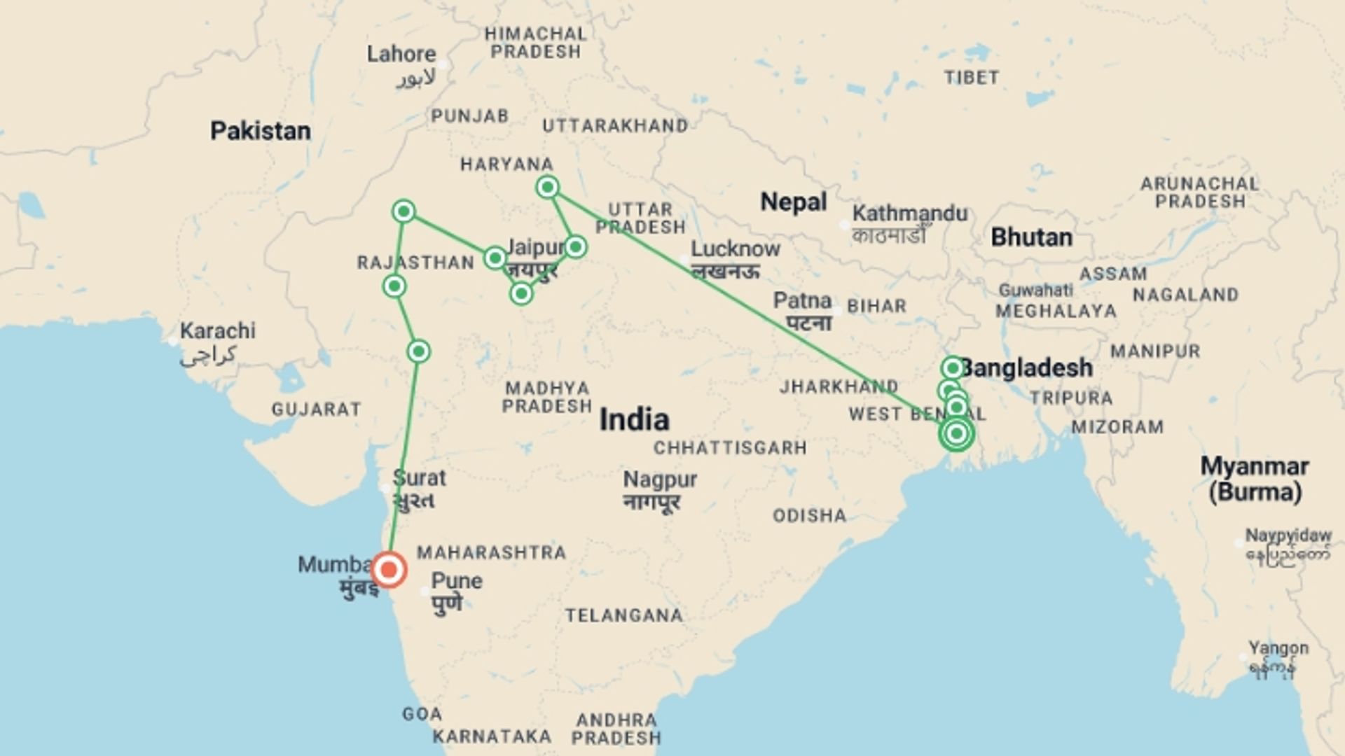 A map showing the tour itinerary for the trip: Cruise & Rail: The Sacred Ganges & the Maharajas' Express (2027), starting in Kolkata, India and ending in Mumbai, India going through 11 other destinations.