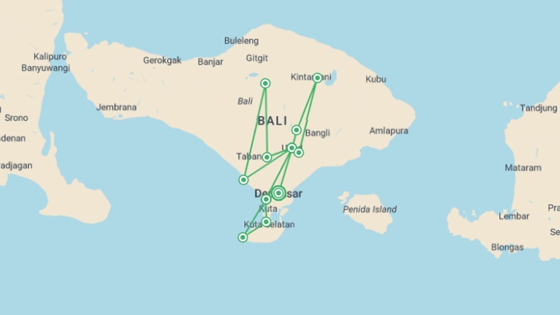 A map showing the tour itinerary for the trip: Simply Bali, Private Tour, starting in Denpasar, Indonesia and ending in Denpasar, Indonesia going through 2 other destinations.