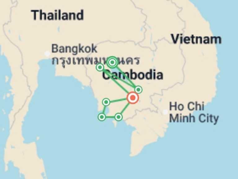 Map of South East Asia Tour with 7 destination visits for the trip: Heart of Cambodia