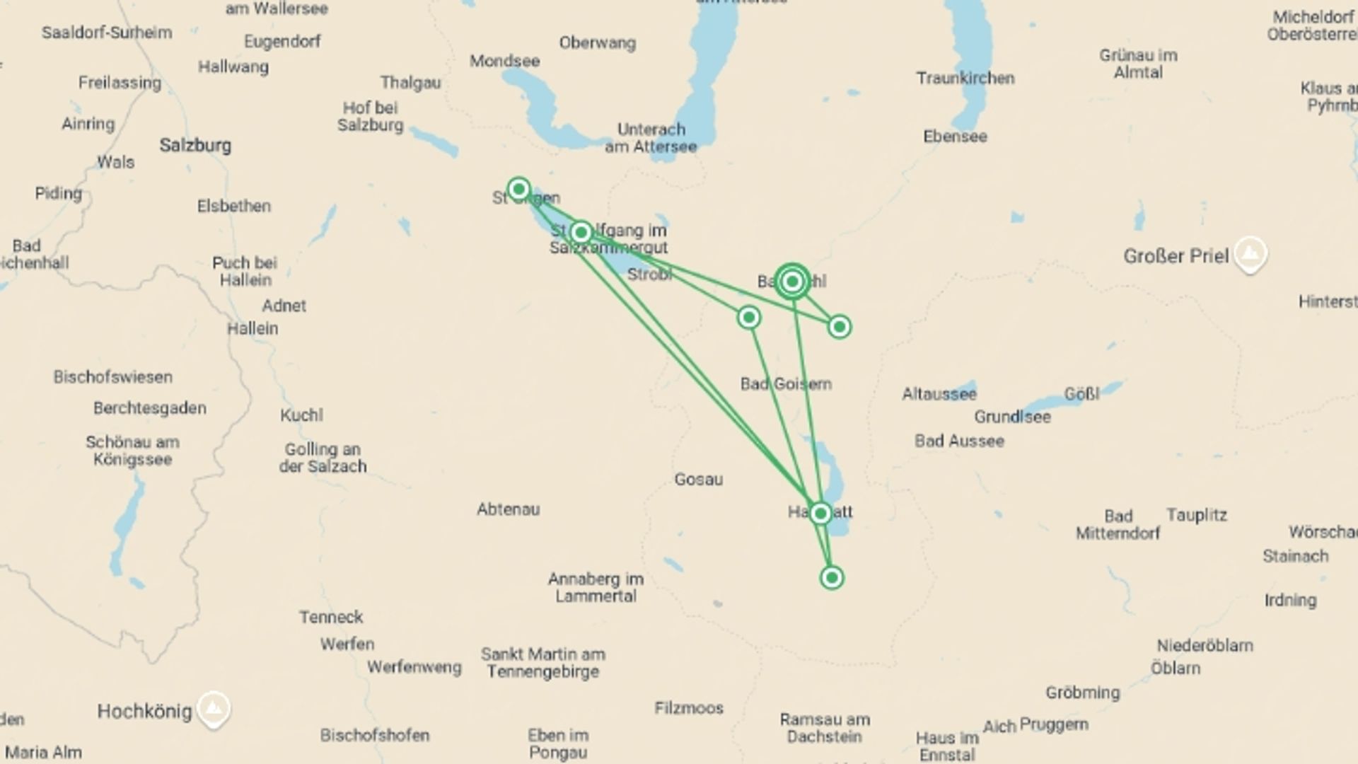 A map showing the tour itinerary for the trip: Self-Guided Walking in Austria's Lake District, starting in Bad Ischl, Austria and ending in Bad Ischl, Austria going through 6 other destinations.