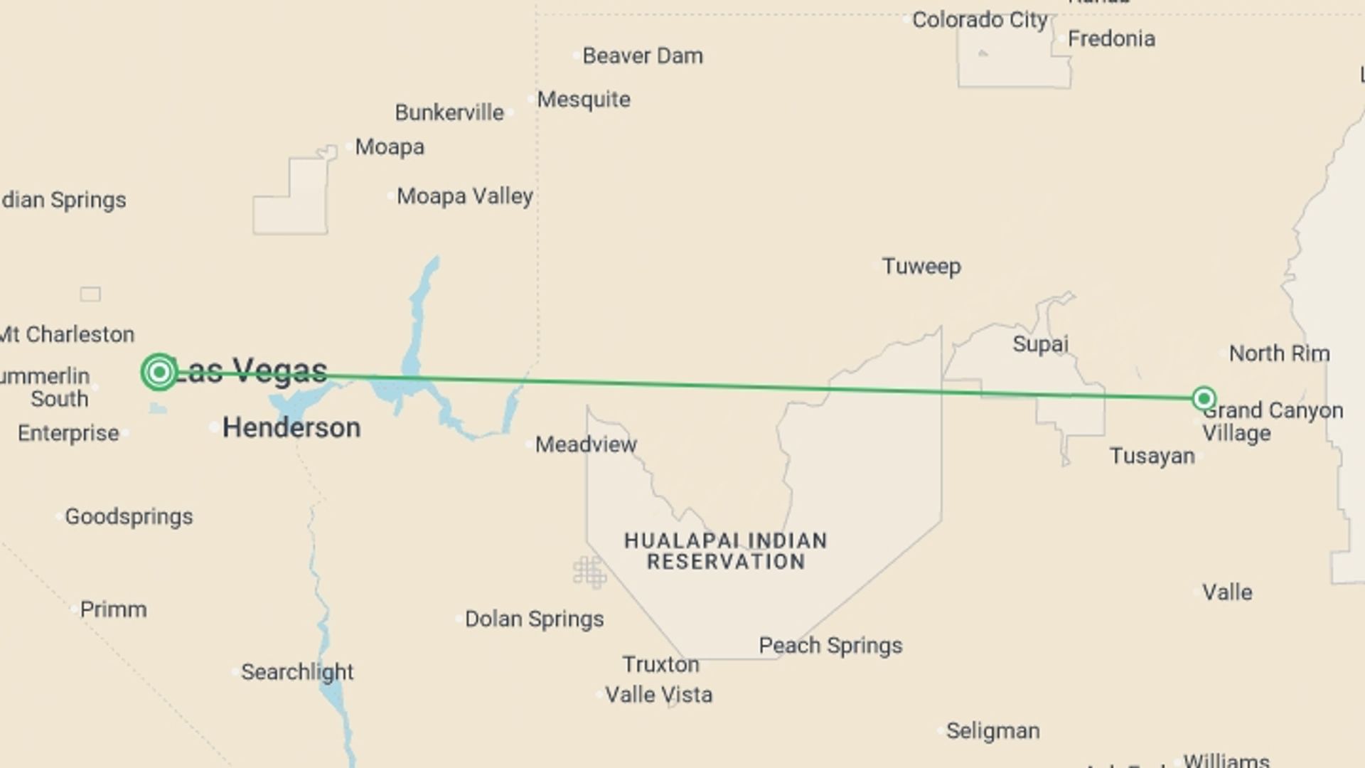 A map showing the tour itinerary for the trip: Overnight Grand Canyon (Camping) - 2 days, starting in undefined, USA and ending in undefined, USA going through 0 other destinations.