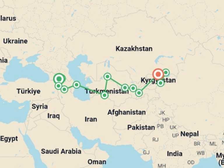Map of Bishkek Explorer Tour with 13 destination visits for the trip: Tbilisi To Bishkek (70 Days)