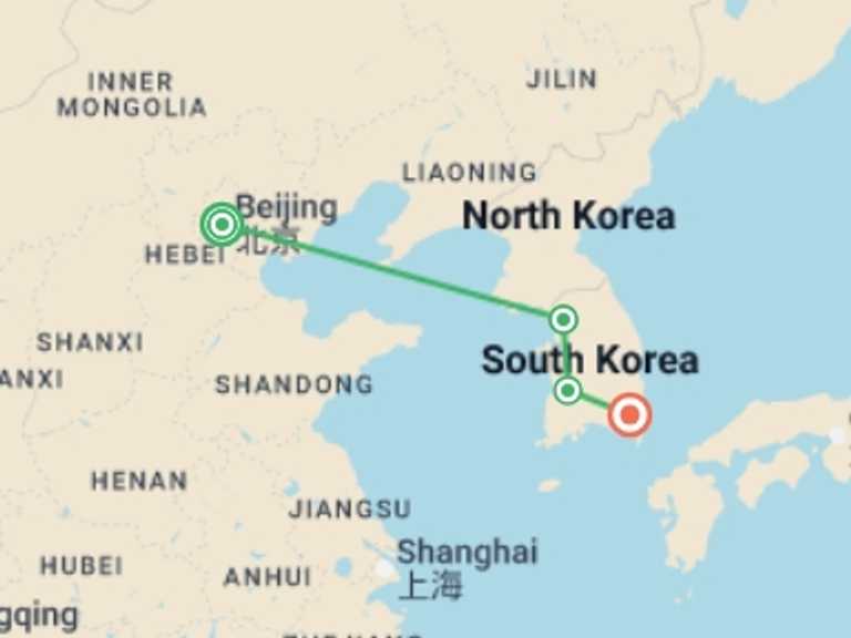 Map of Asia Tour with 4 destination visits for the trip: Beijing, Seoul, and Busan