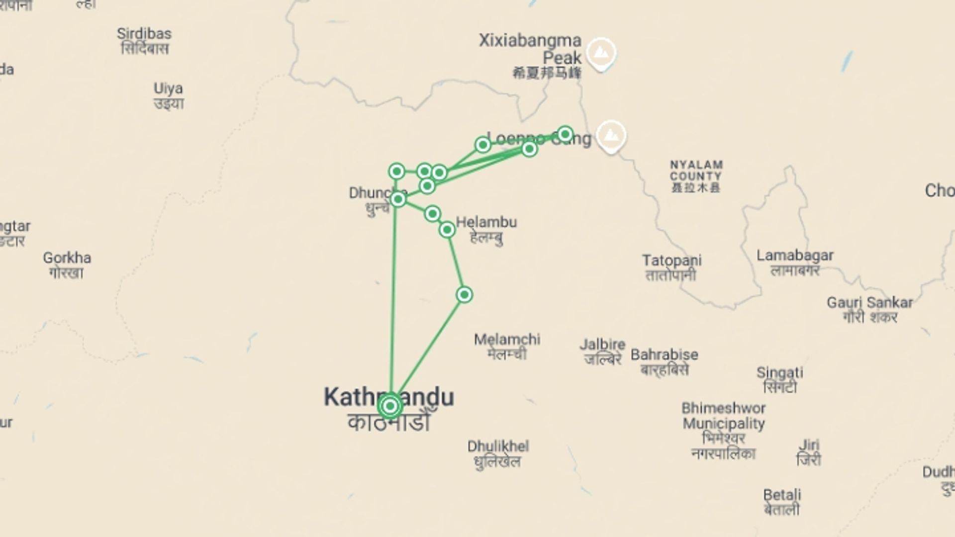 A map showing the tour itinerary for the trip: Langtang & Gosainkund Lakes, starting in Kathmandu, Nepal and ending in Kathmandu, Nepal going through 11 other destinations.