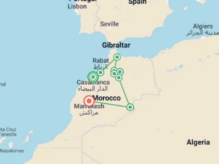 Map itinerary of Marrakech Tour in Summer with 5 destination visits for the trip: Six Day Tour from Casablanca to Marrakech