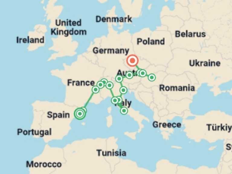 Map itinerary of Prague Tour in November 2025 with 2 destination visits for the trip: Magnific Holidays
