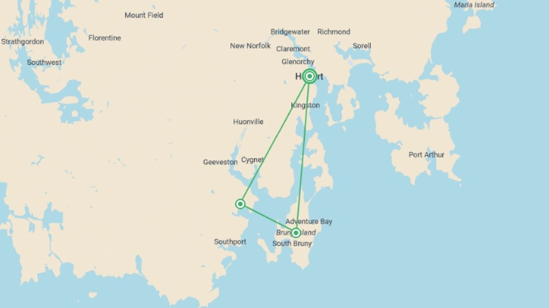 A map showing the tour itinerary for the trip: Walk Bruny Island & Tasmania's South West, starting in Hobart, Australia and ending in Hobart, Australia going through 2 other destinations.