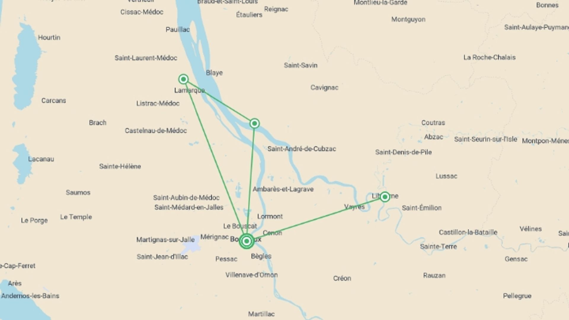 A map showing the tour itinerary for the trip: Brilliant Bordeaux (2027), starting in Bordeaux, France and ending in Bordeaux, France going through 3 other destinations.