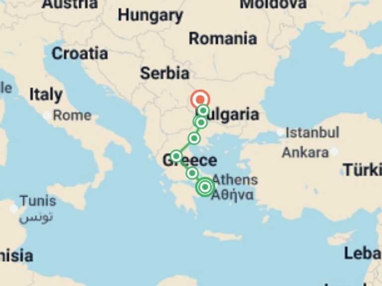 Map of Europe Tour with 4 destination visits for the trip: From Athens to Sofia
