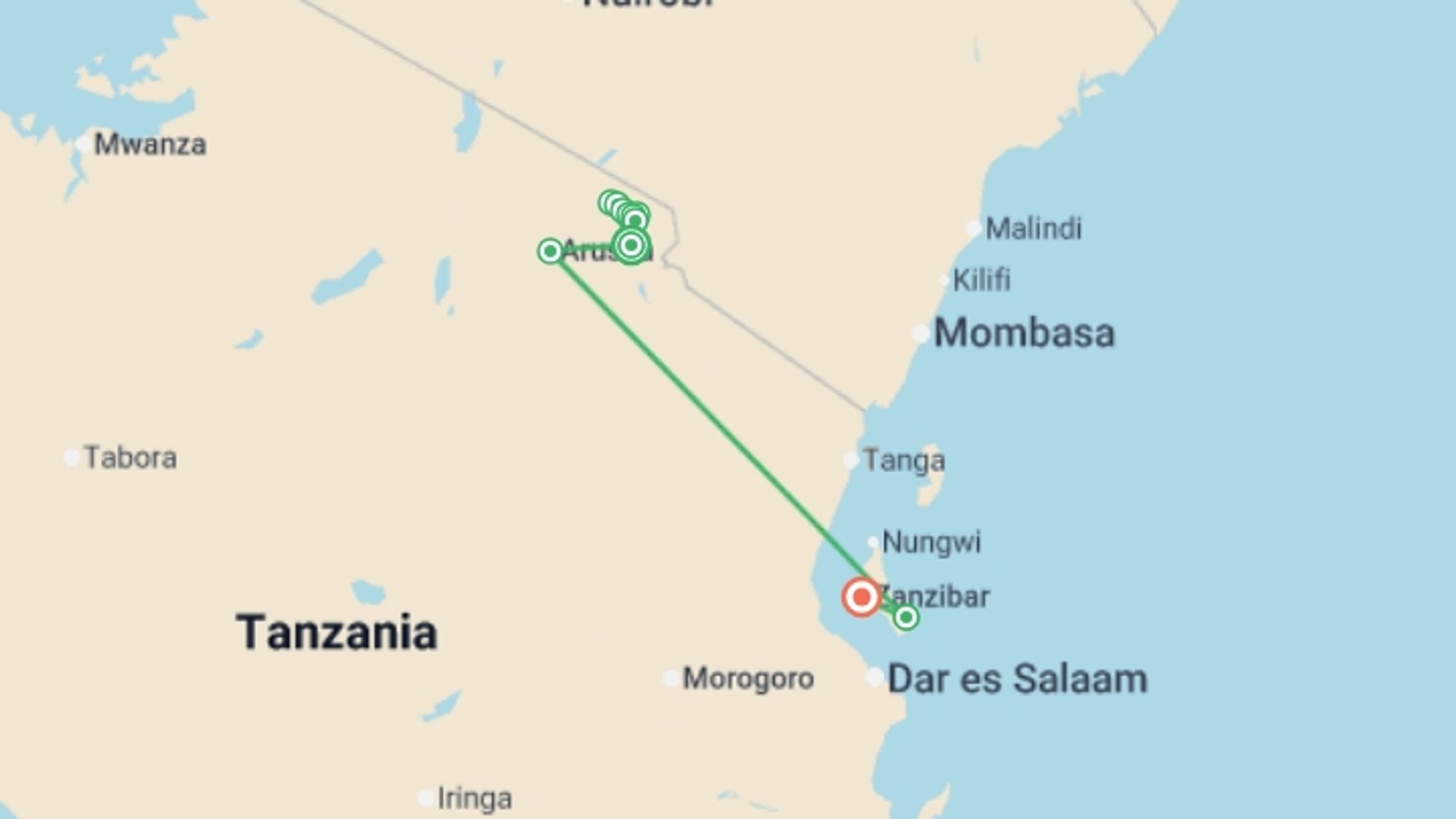 A map showing the tour itinerary for the trip: Tanzania: Kilimanjaro's Lemosho Route & Zanzibar Beaches, starting in Moshi, Tanzania and ending in Zanzibar, Tanzania going through 10 other destinations.