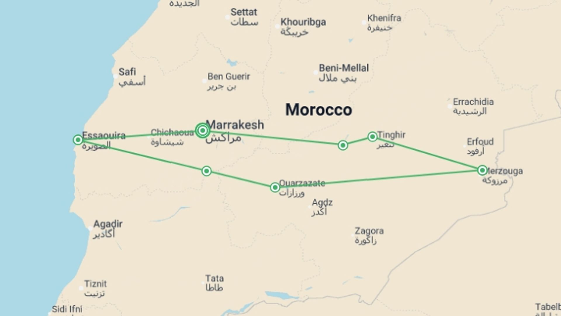 A map showing the tour itinerary for the trip: Morocco Desert to Coast - 11 days, starting in Marrakech, Morocco and ending in Marrakech, Morocco going through 5 other destinations.