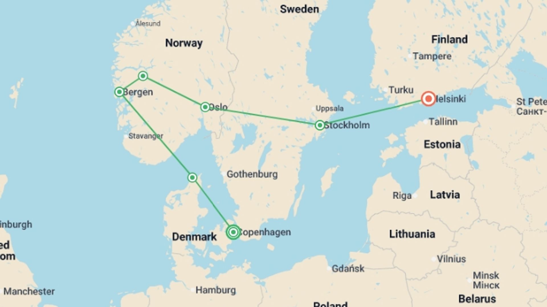 A map showing the tour itinerary for the trip: Copenhagen to Helsinki Christmas & New Year, starting in Copenhagen, Denmark and ending in Helsinki, Finland going through 5 other destinations.