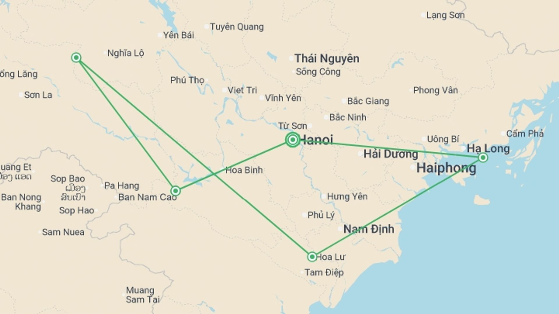 A map showing the tour itinerary for the trip: Hiking Mai Chau & Pu Luong - 8 days, starting in Hanoi, Vietnam and ending in Hanoi, Vietnam going through 4 other destinations.