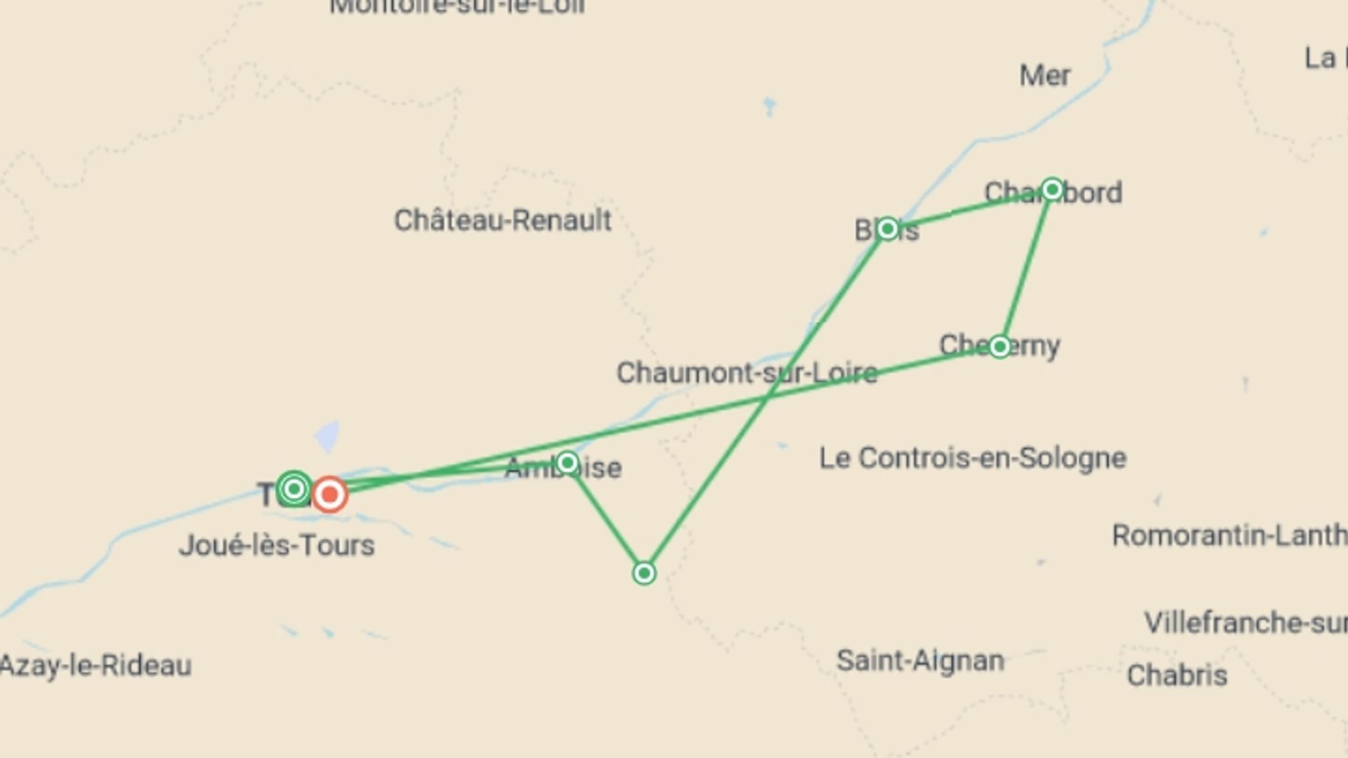 A map showing the tour itinerary for the trip: Cycling in France - Loire Valley, starting in Tours, France and ending in St. Pierre-des-Corps, France going through 5 other destinations.
