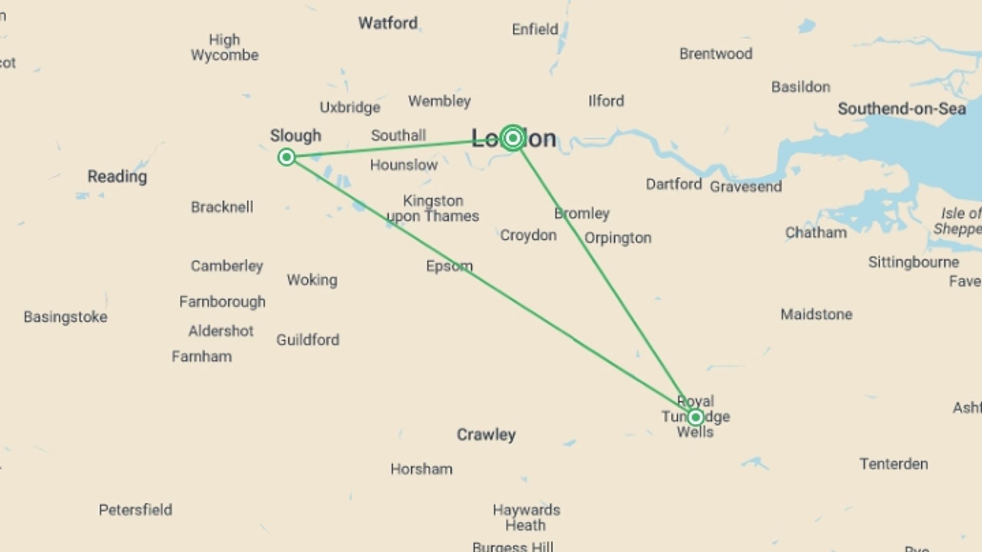A map showing the tour itinerary for the trip: Chelsea Flower Show, starting in London, England and ending in London, England going through 2 other destinations.