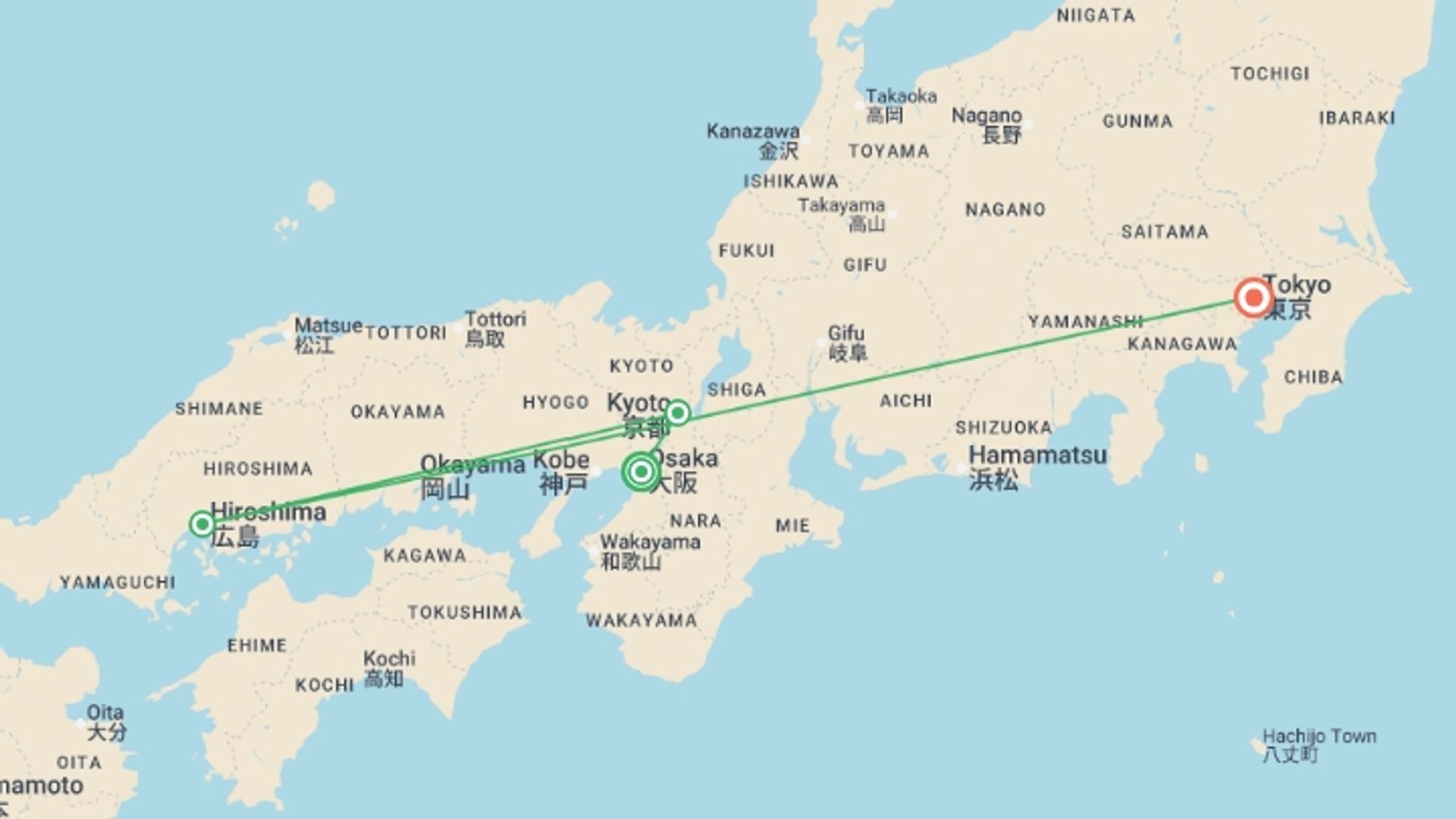 A map showing the tour itinerary for the trip: Japan Winter Wonder, starting in Osaka, Japan and ending in Tokyo, Japan going through 2 other destinations.