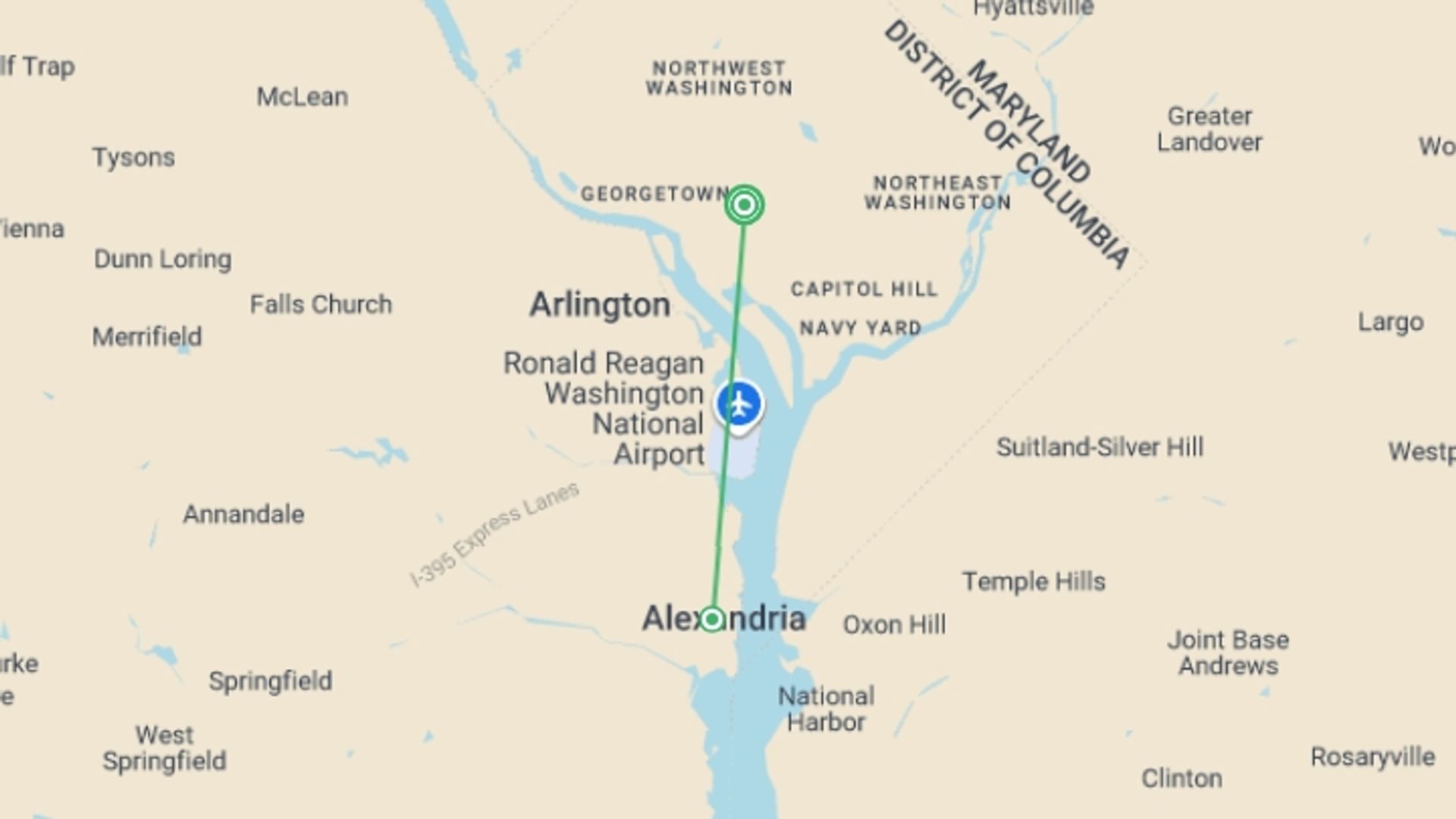 A map showing the tour itinerary for the trip: Spotlight on Washington, D.C. Exploring America's Capital, starting in Washington D.C., USA and ending in Washington D.C., USA going through 1 other destinations.