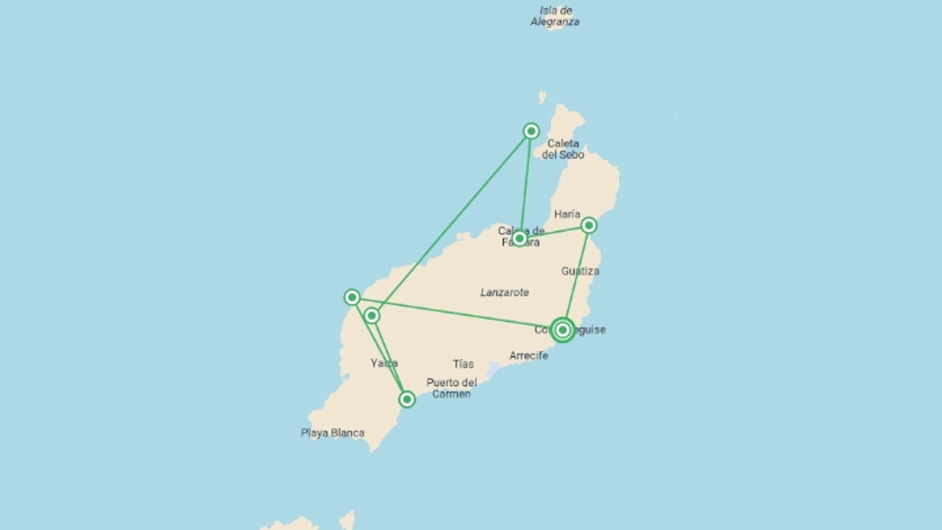 A map showing the tour itinerary for the trip: Canary Islands Walking - Lanzarote, starting in Costa Teguise, Spain and ending in Costa Teguise, Spain going through 6 other destinations.