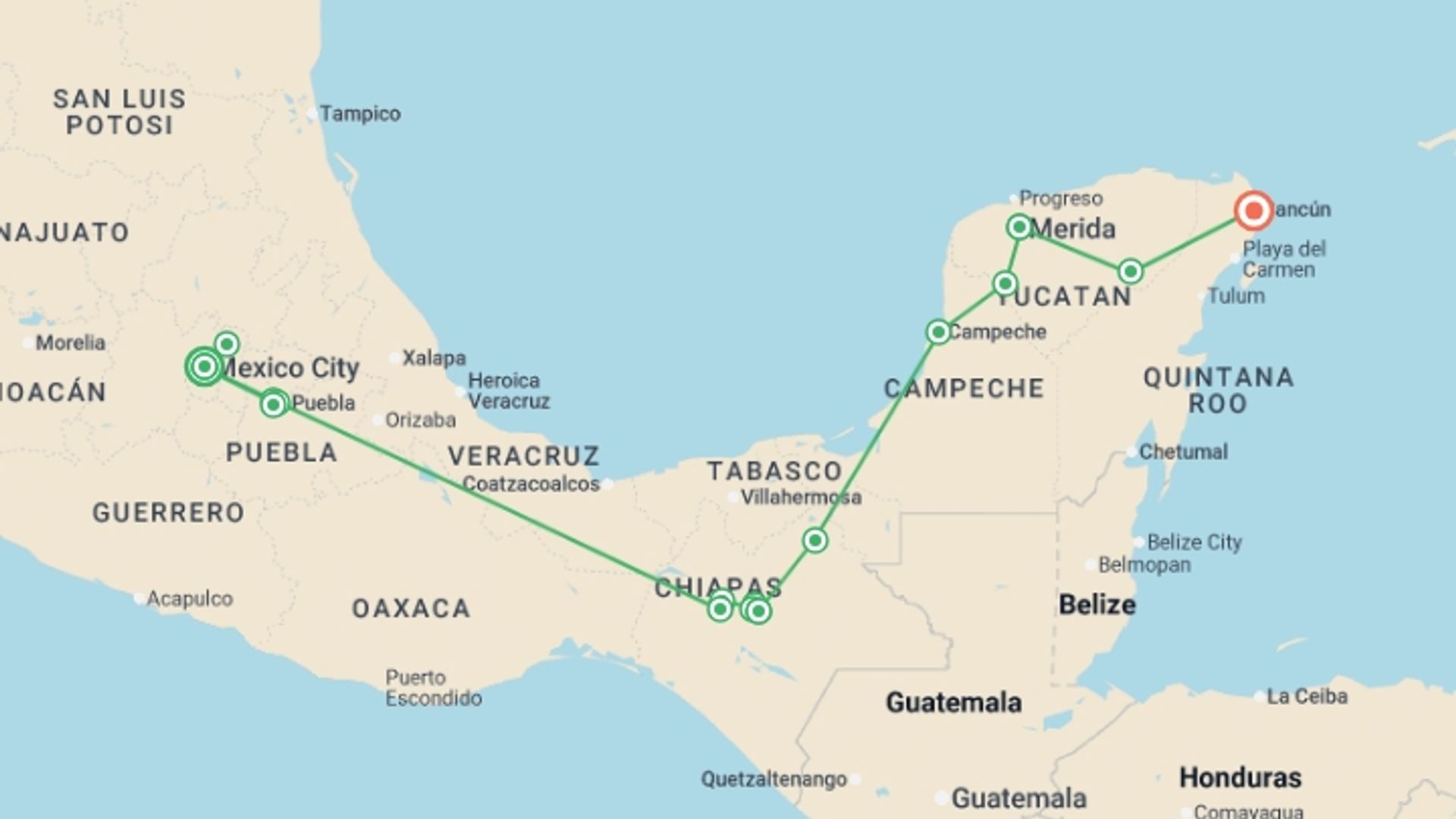 A map showing the tour itinerary for the trip: Aztecs & Mayas, starting in Mexico City, Mexico and ending in Cancún, Mexico going through 4 other destinations.
