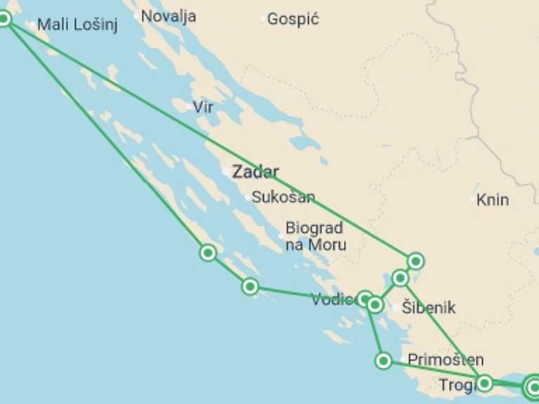Map itinerary of Balkans Tour in August 2026 with 7 destination visits for the trip: Split to Split (Deluxe Superior) - 8 days