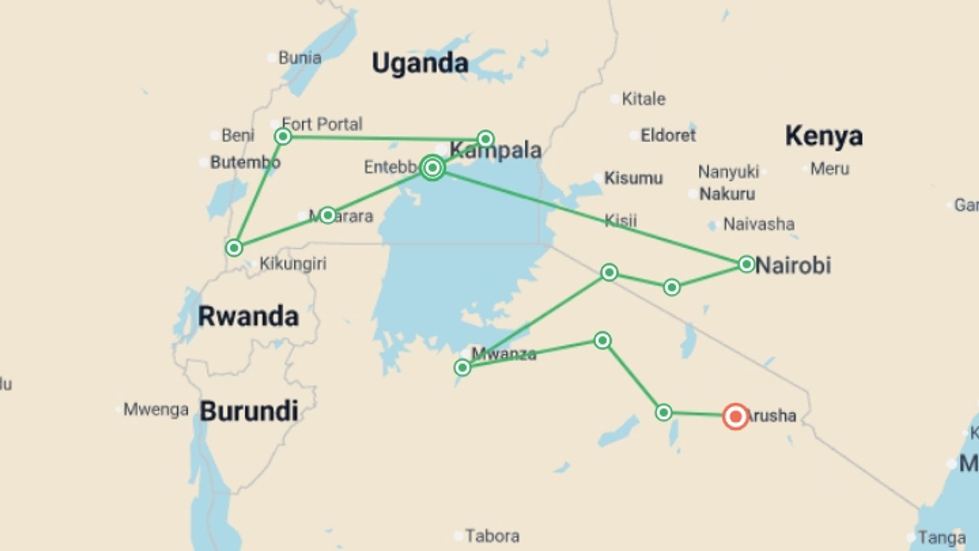 A map showing the tour itinerary for the trip: Epic East Africa: Gorillas, Chimps and Game Parks, starting in Entebbe, Uganda and ending in Arusha, Tanzania going through 7 other destinations.