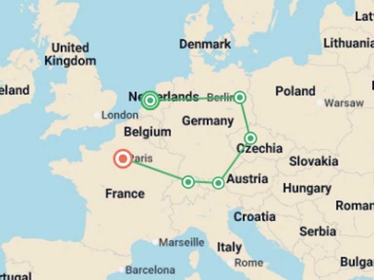 Map itinerary of Europe Tour in July 2026 with 6 destination visits for the trip: From Amsterdam to Paris GO