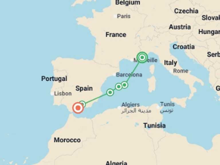 Map itinerary of Granada Tour in November 2026 with 6 destination visits for the trip: Mediterranean Legacies: From the Balearic Islands to Andalusia - Between Enchanting Islands and Moorish Treasures (port-to-port package)