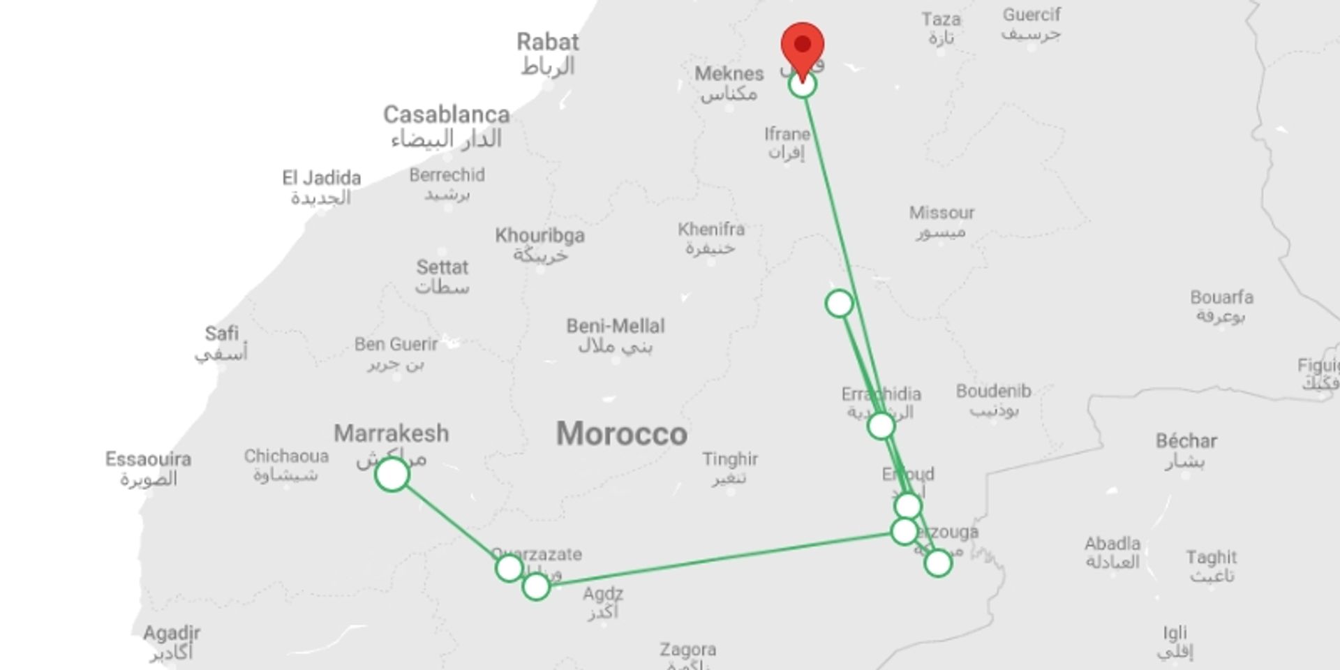 A map showing the tour itinerary for the trip: 3 Day Desert Tour from Marrakech to Fes, starting in Marrakech, Morocco and ending in Fez, morocco going through 4 other destinations.