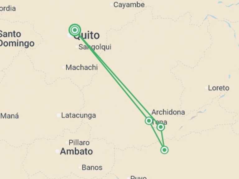 Map itinerary of Quito Tour in December 2025 with 2 destination visits for the trip: Tena Amazon Eco-Lodge Adventure 4D/3N