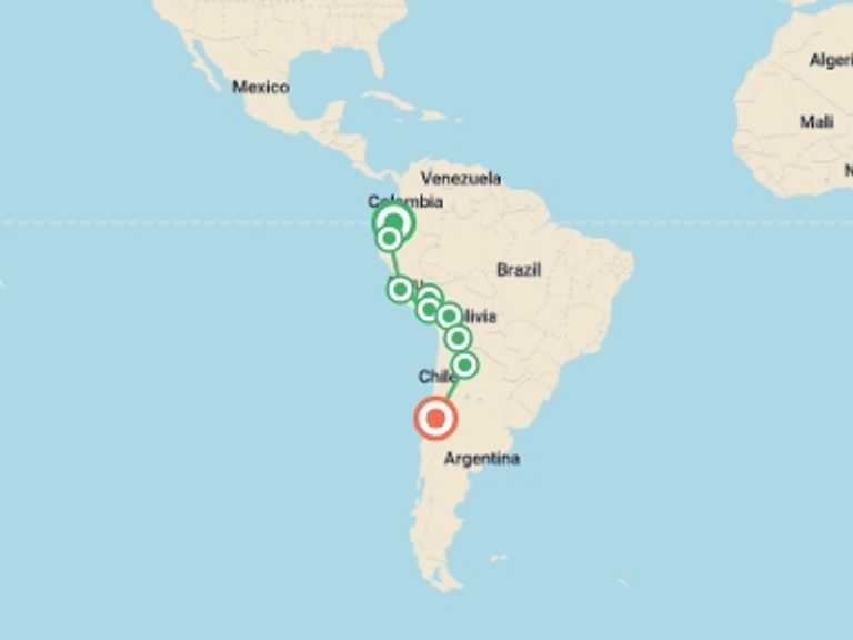 Map of Santiago Explorer Tour with 9 destination visits for the trip: QUITO to SANTIAGO (56 days) Andes & Amazon