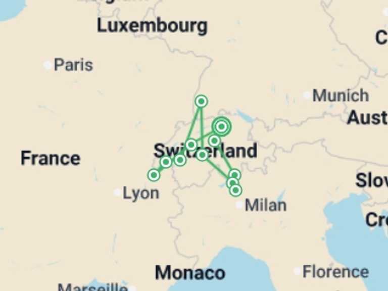 Map itinerary of Europe Tour in July 2026 with 4 destination visits for the trip: Swiss Capitals