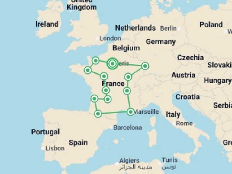 Map itinerary of France Tour in March 2027 with 12 destination visits for the trip: French Passion