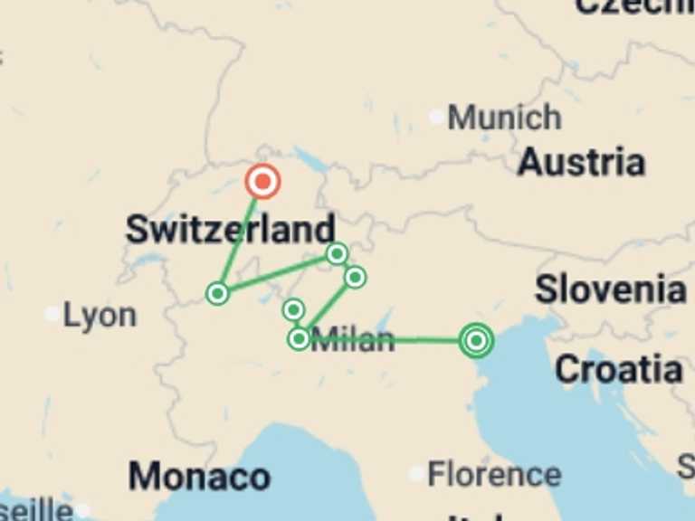Map itinerary of Europe Tour in June 2026 with 5 destination visits for the trip: Romantic Italy to Swiss Alpine by Rail