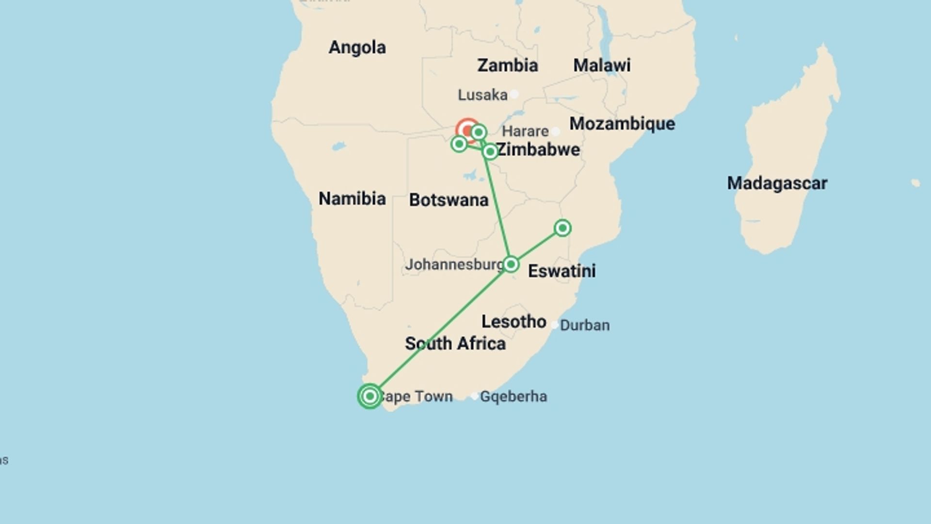 A map showing the tour itinerary for the trip: Best of Africa's Wildlife: Cape Town, Kruger, Hwange, & Chobe, starting in Cape Town, South Africa and ending in Kasane, Botswana going through 5 other destinations.