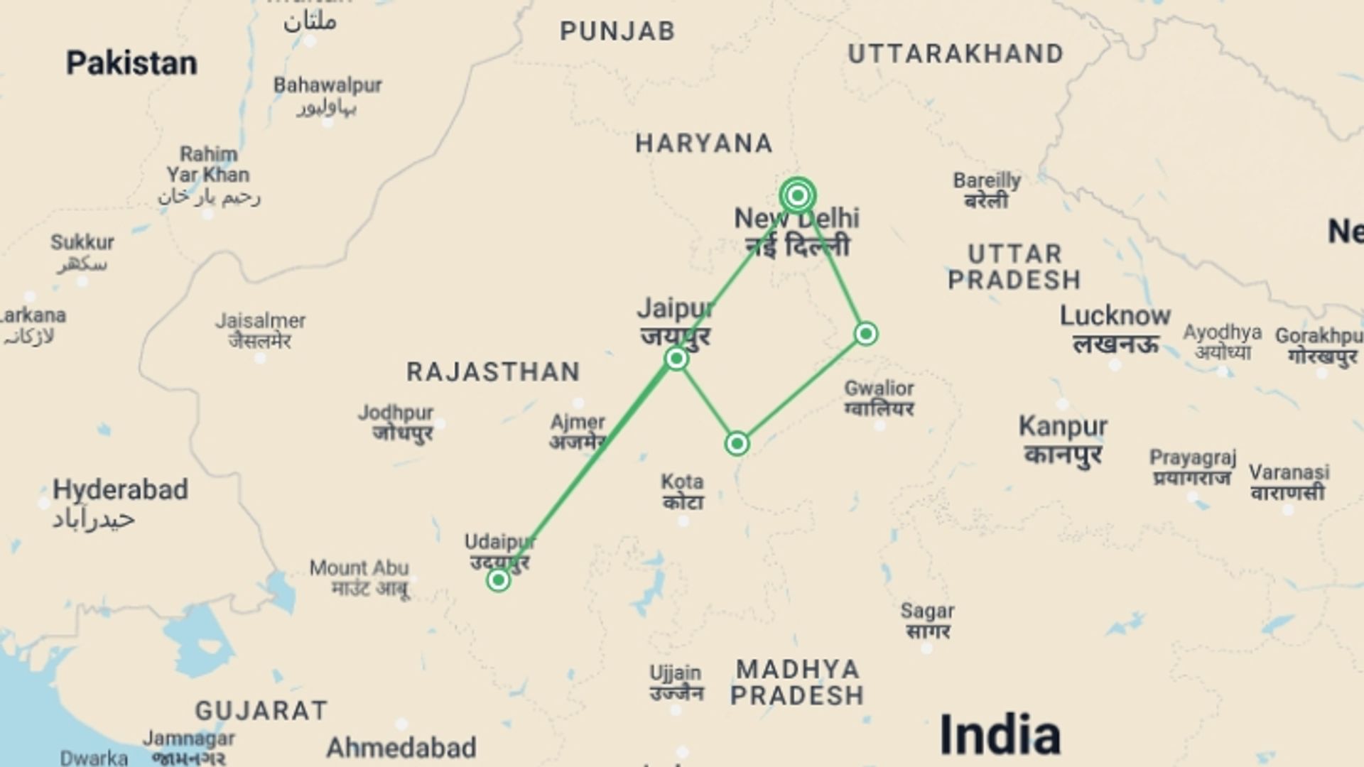 A map showing the tour itinerary for the trip: Legends of the Rajputs - 11 days, starting in New Delhi, India and ending in New Delhi, India going through 5 other destinations.