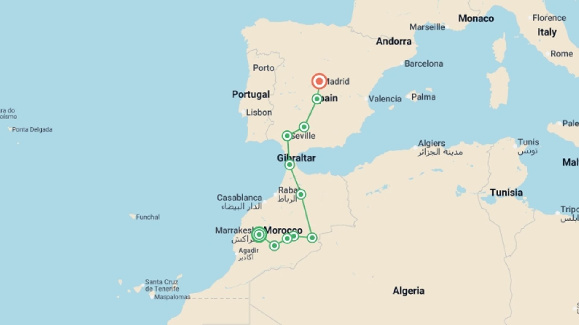 A map showing the tour itinerary for the trip: From Marrakesh to Madrid, starting in Marrakech, Morocco and ending in Madrid, Spain going through 5 other destinations.