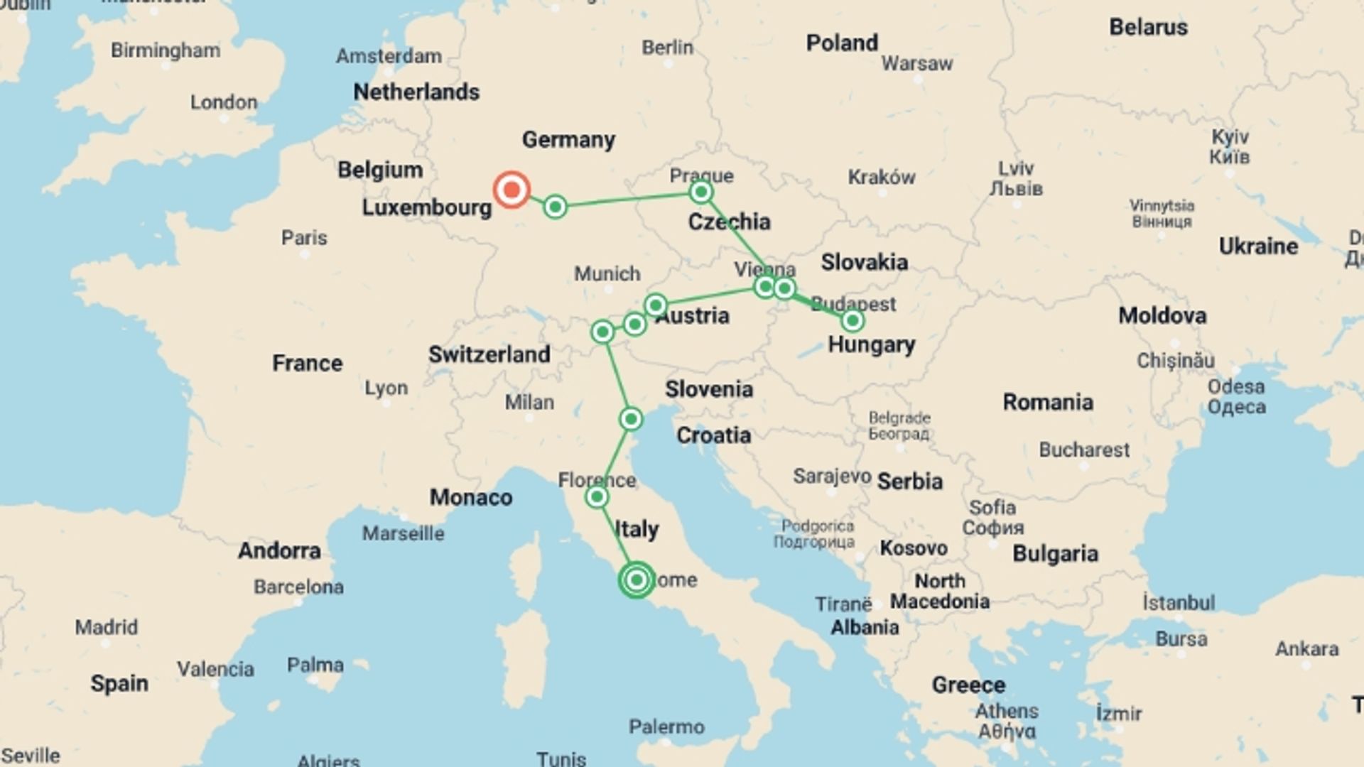 A map showing the tour itinerary for the trip: Wonders of Italy, Vienna, Budapest and Prague, starting in Rome, Italy and ending in Frankfurt, Germany going through 7 other destinations.