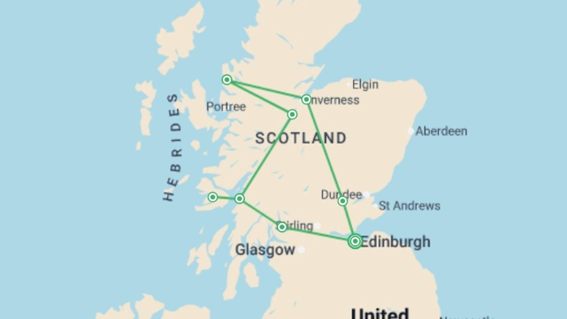 A map showing the tour itinerary for the trip: Spectacular Scotland, starting in Edinburgh, Scotland and ending in Edinburgh, Scotland going through 4 other destinations.