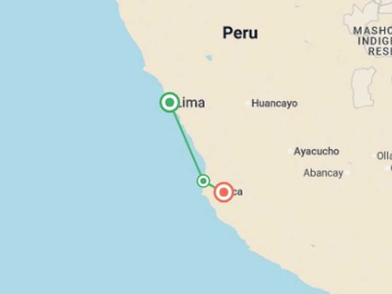 Map of Lima Adventure Tour with 3 destination visits for the trip: Sandboarding & Nazca Lines Adventure 3D/2N