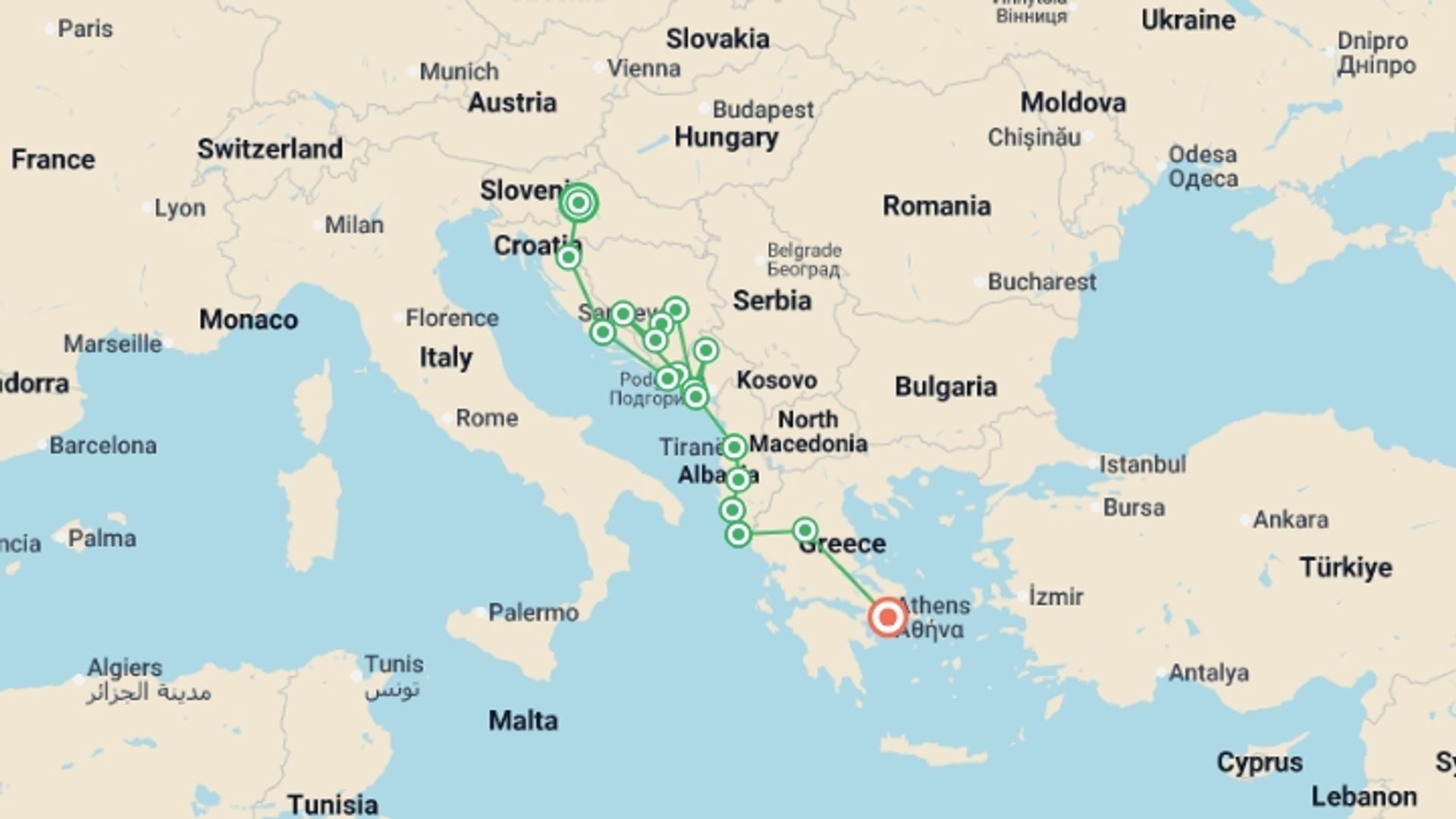 A map showing the tour itinerary for the trip: Zagreb to Athens: Monasteries & The Mediterranean, starting in Zagreb, Croatia and ending in Athens, Greece going through 16 other destinations.
