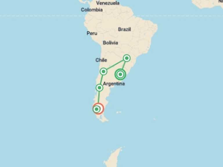 Map itinerary of Patagonia Tour in Winter with 5 destination visits for the trip: Waterfalls Wine & Wilderness - 14 days