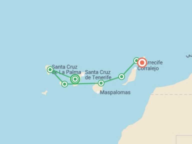 Map itinerary of Mediterranean Tour in Winter with 4 destination visits for the trip: Cruise through the Canary Island Archipelago, eternal Springtime