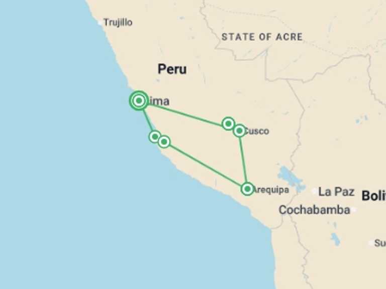Map of 15-Day Peru Tour with 7 destination visits for the trip: Machu Picchu Calling