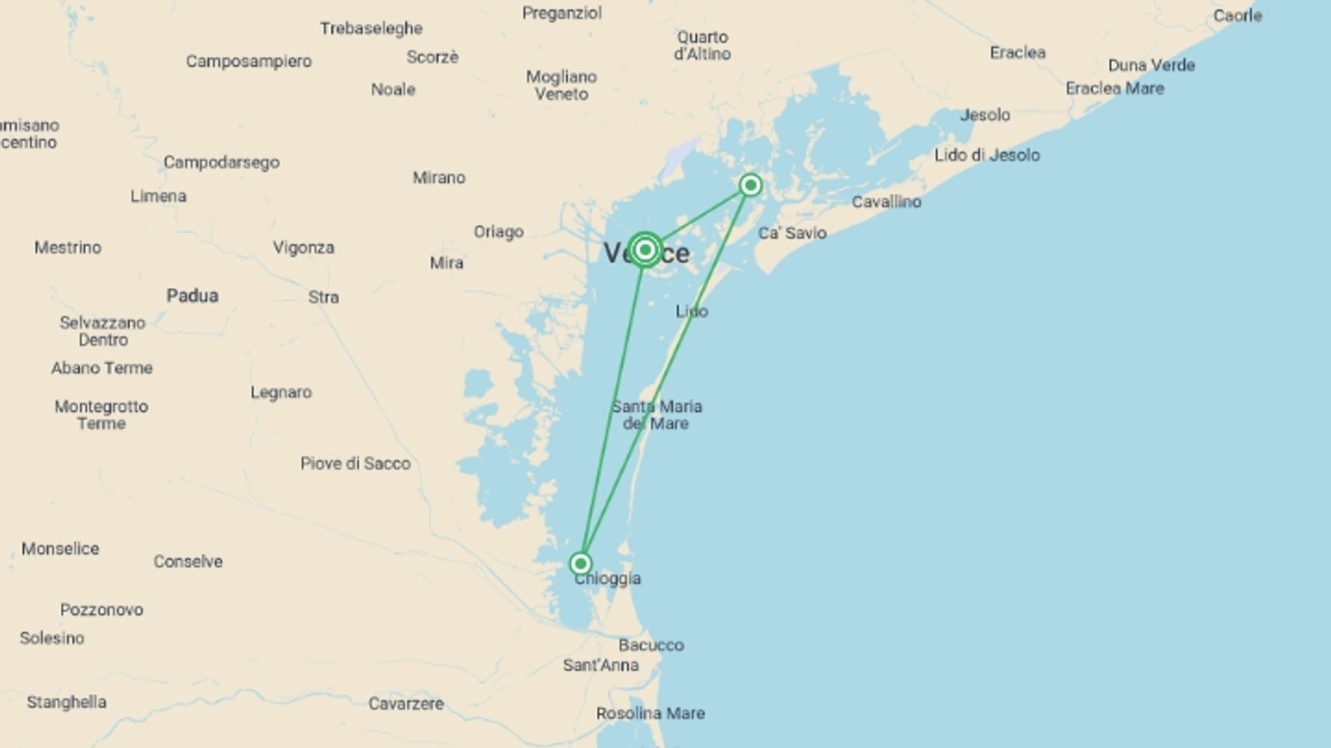 A map showing the tour itinerary for the trip: Timeless Venice (port-to-port package), starting in Venice, Italy and ending in Venice, Italy going through 1 other destinations.